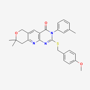 molecular formula C27H27N3O3S B3634293 5-[(4-methoxyphenyl)methylsulfanyl]-13,13-dimethyl-6-(3-methylphenyl)-12-oxa-2,4,6-triazatricyclo[8.4.0.03,8]tetradeca-1,3(8),4,9-tetraen-7-one 