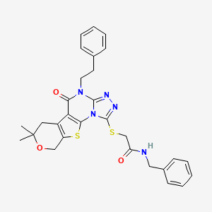 molecular formula C29H29N5O3S2 B3634584 N-benzyl-2-[[12,12-dimethyl-8-oxo-7-(2-phenylethyl)-13-oxa-16-thia-2,4,5,7-tetrazatetracyclo[7.7.0.02,6.010,15]hexadeca-1(9),3,5,10(15)-tetraen-3-yl]sulfanyl]acetamide 