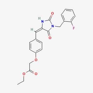 molecular formula C21H19FN2O5 B3635238 Ethyl 2-(4-{[(4E)-1-[(2-fluorophenyl)methyl]-2,5-dioxoimidazolidin-4-ylidene]methyl}phenoxy)acetate 