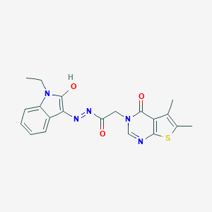 molecular formula C20H19N5O3S B363538 2-(5,6-dimethyl-4-oxothieno[2,3-d]pyrimidin-3(4H)-yl)-N'-(1-ethyl-2-oxo-1,2-dihydro-3H-indol-3-ylidene)acetohydrazide 