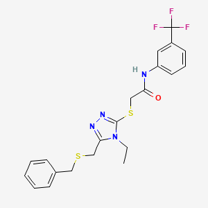 molecular formula C21H21F3N4OS2 B3635526 2-[[5-(benzylsulfanylmethyl)-4-ethyl-1,2,4-triazol-3-yl]sulfanyl]-N-[3-(trifluoromethyl)phenyl]acetamide 