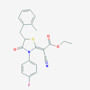 molecular formula C22H19FN2O3S B363567 (Z)-ethyl 2-cyano-2-(3-(4-fluorophenyl)-5-(2-methylbenzyl)-4-oxothiazolidin-2-ylidene)acetate CAS No. 786677-95-0