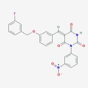 molecular formula C24H16FN3O6 B3640542 (5Z)-5-[[3-[(3-fluorophenyl)methoxy]phenyl]methylidene]-1-(3-nitrophenyl)-1,3-diazinane-2,4,6-trione 