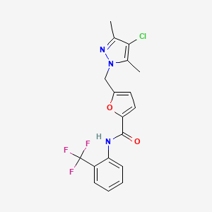 molecular formula C18H15ClF3N3O2 B3643609 5-[(4-chloro-3,5-dimethyl-1H-pyrazol-1-yl)methyl]-N-[2-(trifluoromethyl)phenyl]furan-2-carboxamide 