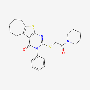 molecular formula C24H27N3O2S2 B3646199 2-{[2-oxo-2-(1-piperidinyl)ethyl]thio}-3-phenyl-3,5,6,7,8,9-hexahydro-4H-cyclohepta[4,5]thieno[2,3-d]pyrimidin-4-one 