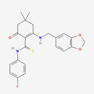 2-[(1,3-benzodioxol-5-ylmethyl)amino]-N-(4-fluorophenyl)-4,4-dimethyl-6-oxo-1-cyclohexene-1-carbothioamide