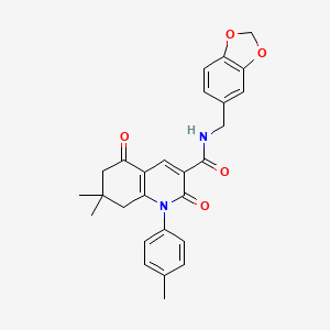 molecular formula C27H26N2O5 B3651746 N-[(2H-1,3-BENZODIOXOL-5-YL)METHYL]-7,7-DIMETHYL-1-(4-METHYLPHENYL)-2,5-DIOXO-1,2,5,6,7,8-HEXAHYDROQUINOLINE-3-CARBOXAMIDE 