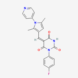 molecular formula C22H17FN4O3 B3651998 (5E)-5-{[2,5-dimethyl-1-(pyridin-4-yl)-1H-pyrrol-3-yl]methylidene}-1-(4-fluorophenyl)pyrimidine-2,4,6(1H,3H,5H)-trione 