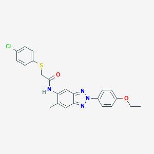 molecular formula C23H21ClN4O2S B365237 2-(4-chlorophenyl)sulfanyl-N-[2-(4-ethoxyphenyl)-6-methylbenzotriazol-5-yl]acetamide CAS No. 461413-82-1