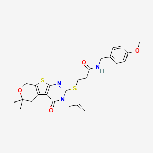 3-[(12,12-dimethyl-3-oxo-4-prop-2-enyl-11-oxa-8-thia-4,6-diazatricyclo[7.4.0.02,7]trideca-1(9),2(7),5-trien-5-yl)sulfanyl]-N-[(4-methoxyphenyl)methyl]propanamide