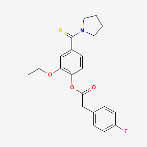 molecular formula C21H22FNO3S B3653423 2-ethoxy-4-(1-pyrrolidinylcarbonothioyl)phenyl (4-fluorophenyl)acetate 