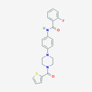 molecular formula C22H20FN3O2S B365359 2-Fluoro-N-{4-[4-(thiophene-2-carbonyl)-piperazin-1-yl]-phenyl}-benzamide CAS No. 672323-96-5