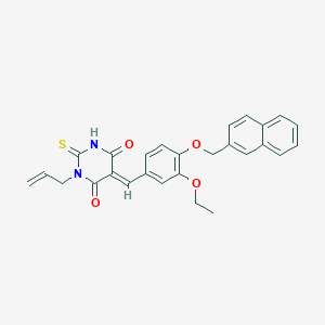 molecular formula C27H24N2O4S B3653924 (5E)-5-[3-ethoxy-4-(naphthalen-2-ylmethoxy)benzylidene]-1-(prop-2-en-1-yl)-2-thioxodihydropyrimidine-4,6(1H,5H)-dione 