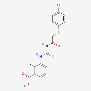 molecular formula C17H15ClN2O3S2 B3662707 3-[[2-(4-Chlorophenyl)sulfanylacetyl]carbamothioylamino]-2-methylbenzoic acid 