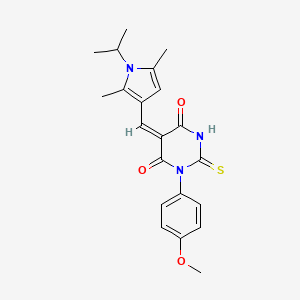 molecular formula C21H23N3O3S B3663234 (5E)-5-{[2,5-dimethyl-1-(propan-2-yl)-1H-pyrrol-3-yl]methylidene}-1-(4-methoxyphenyl)-2-thioxodihydropyrimidine-4,6(1H,5H)-dione 