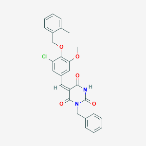 (5E)-1-benzyl-5-[[3-chloro-5-methoxy-4-[(2-methylphenyl)methoxy]phenyl]methylidene]-1,3-diazinane-2,4,6-trione