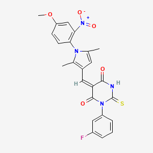 molecular formula C24H19FN4O5S B3663401 (5E)-1-(3-fluorophenyl)-5-{[1-(4-methoxy-2-nitrophenyl)-2,5-dimethyl-1H-pyrrol-3-yl]methylidene}-2-thioxodihydropyrimidine-4,6(1H,5H)-dione 