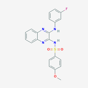 molecular formula C21H17FN4O3S B366343 N-[3-(3-fluoroanilino)quinoxalin-2-yl]-4-methoxybenzenesulfonamide CAS No. 713127-71-0