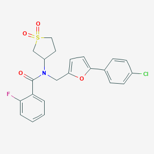 molecular formula C22H19ClFNO4S B366357 N-{[5-(4-chlorophenyl)furan-2-yl]methyl}-N-(1,1-dioxidotetrahydrothiophen-3-yl)-2-fluorobenzamide CAS No. 879771-80-9