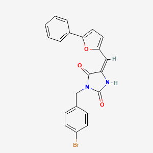 molecular formula C21H15BrN2O3 B3663807 (5E)-3-[(4-bromophenyl)methyl]-5-[(5-phenylfuran-2-yl)methylidene]imidazolidine-2,4-dione 