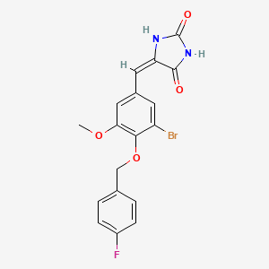 molecular formula C18H14BrFN2O4 B3663811 (5E)-5-({3-BROMO-4-[(4-FLUOROPHENYL)METHOXY]-5-METHOXYPHENYL}METHYLIDENE)IMIDAZOLIDINE-2,4-DIONE 