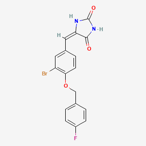 molecular formula C17H12BrFN2O3 B3664093 (5E)-5-({3-BROMO-4-[(4-FLUOROPHENYL)METHOXY]PHENYL}METHYLIDENE)IMIDAZOLIDINE-2,4-DIONE 