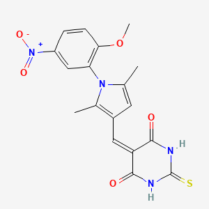 molecular formula C18H16N4O5S B3664303 5-{[1-(2-methoxy-5-nitrophenyl)-2,5-dimethyl-1H-pyrrol-3-yl]methylidene}-2-thioxodihydropyrimidine-4,6(1H,5H)-dione 