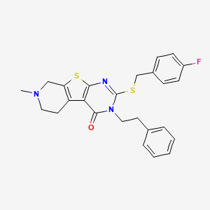 molecular formula C25H24FN3OS2 B3664767 5-[(4-fluorophenyl)methylsulfanyl]-11-methyl-4-(2-phenylethyl)-8-thia-4,6,11-triazatricyclo[7.4.0.02,7]trideca-1(9),2(7),5-trien-3-one 