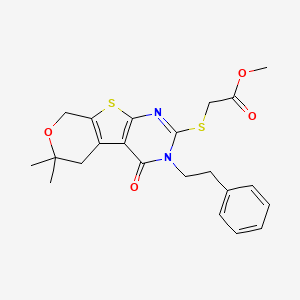 molecular formula C22H24N2O4S2 B3664894 methyl 2-[[12,12-dimethyl-3-oxo-4-(2-phenylethyl)-11-oxa-8-thia-4,6-diazatricyclo[7.4.0.02,7]trideca-1(9),2(7),5-trien-5-yl]sulfanyl]acetate 