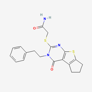 2-[[12-oxo-11-(2-phenylethyl)-7-thia-9,11-diazatricyclo[6.4.0.02,6]dodeca-1(8),2(6),9-trien-10-yl]sulfanyl]acetamide