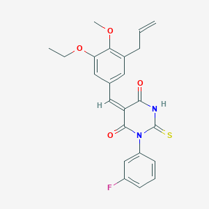 molecular formula C23H21FN2O4S B3665364 (5E)-5-[(3-ethoxy-4-methoxy-5-prop-2-enylphenyl)methylidene]-1-(3-fluorophenyl)-2-sulfanylidene-1,3-diazinane-4,6-dione 