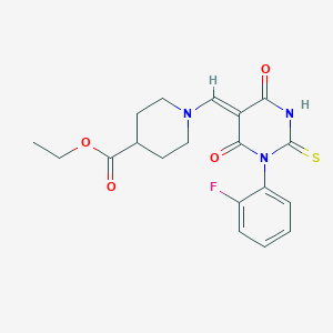 molecular formula C19H20FN3O4S B3665733 ethyl 1-{[1-(2-fluorophenyl)-4,6-dioxo-2-thioxotetrahydro-5(2H)-pyrimidinylidene]methyl}-4-piperidinecarboxylate 