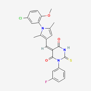 molecular formula C24H19ClFN3O3S B3665792 (5E)-5-{[1-(5-chloro-2-methoxyphenyl)-2,5-dimethyl-1H-pyrrol-3-yl]methylidene}-1-(3-fluorophenyl)-2-thioxodihydropyrimidine-4,6(1H,5H)-dione 