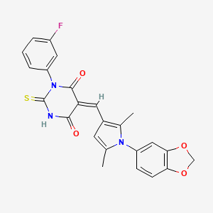 molecular formula C24H18FN3O4S B3666297 (5E)-5-{[1-(1,3-benzodioxol-5-yl)-2,5-dimethyl-1H-pyrrol-3-yl]methylidene}-1-(3-fluorophenyl)-2-thioxodihydropyrimidine-4,6(1H,5H)-dione 