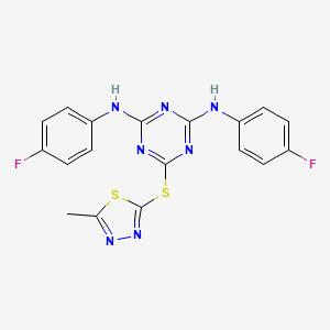 molecular formula C18H13F2N7S2 B3669393 N,N'-bis(4-fluorophenyl)-6-[(5-methyl-1,3,4-thiadiazol-2-yl)thio]-1,3,5-triazine-2,4-diamine 