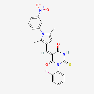 (5E)-5-[[2,5-dimethyl-1-(3-nitrophenyl)pyrrol-3-yl]methylidene]-1-(2-fluorophenyl)-2-sulfanylidene-1,3-diazinane-4,6-dione