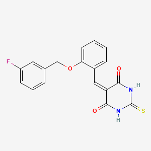 molecular formula C18H13FN2O3S B3681281 5-[[2-[(3-Fluorophenyl)methoxy]phenyl]methylidene]-2-sulfanylidene-1,3-diazinane-4,6-dione 