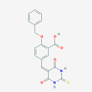 molecular formula C19H14N2O5S B3681376 5-[(4,6-Dioxo-2-sulfanylidene-1,3-diazinan-5-ylidene)methyl]-2-phenylmethoxybenzoic acid 