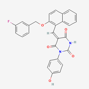 (5E)-5-[[2-[(3-fluorophenyl)methoxy]naphthalen-1-yl]methylidene]-1-(4-hydroxyphenyl)-1,3-diazinane-2,4,6-trione