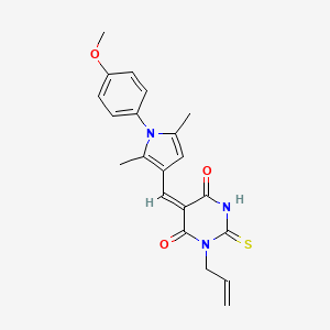 molecular formula C21H21N3O3S B3682365 (5E)-5-{[1-(4-methoxyphenyl)-2,5-dimethyl-1H-pyrrol-3-yl]methylidene}-1-(prop-2-en-1-yl)-2-thioxodihydropyrimidine-4,6(1H,5H)-dione 