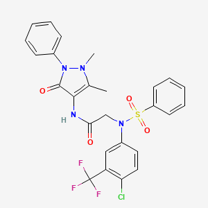 molecular formula C26H22ClF3N4O4S B3683879 2-{N-[4-CHLORO-3-(TRIFLUOROMETHYL)PHENYL]BENZENESULFONAMIDO}-N-(1,5-DIMETHYL-3-OXO-2-PHENYL-2,3-DIHYDRO-1H-PYRAZOL-4-YL)ACETAMIDE 