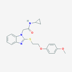 molecular formula C21H23N3O3S B368442 N-cyclopropyl-2-{2-[2-(4-methoxyphenoxy)ethylthio]benzimidazolyl}acetamide CAS No. 943107-13-9