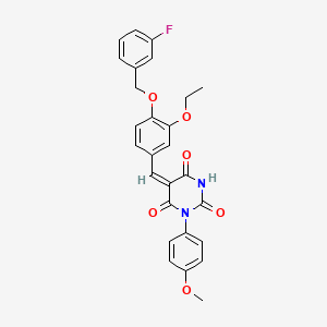 molecular formula C27H23FN2O6 B3684684 (5E)-5-[[3-ethoxy-4-[(3-fluorophenyl)methoxy]phenyl]methylidene]-1-(4-methoxyphenyl)-1,3-diazinane-2,4,6-trione 