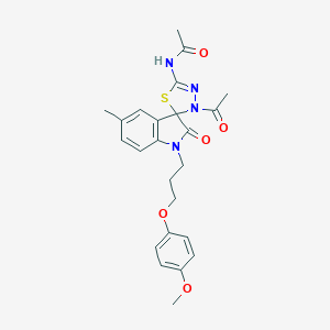 molecular formula C24H26N4O5S B368484 N-[4-acetil-1'-[3-(4-metoxifenoxi)propil]-5'-metil-2'-oxospiro[1,3,4-tiadiazol-5,3'-indol]-2-il]acetamida CAS No. 902248-08-2