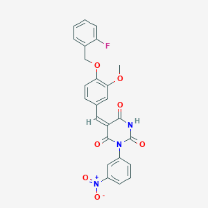 (5E)-5-[[4-[(2-fluorophenyl)methoxy]-3-methoxyphenyl]methylidene]-1-(3-nitrophenyl)-1,3-diazinane-2,4,6-trione