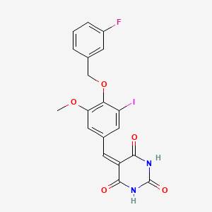 molecular formula C19H14FIN2O5 B3684972 5-[[4-[(3-Fluorophenyl)methoxy]-3-iodo-5-methoxyphenyl]methylidene]-1,3-diazinane-2,4,6-trione 