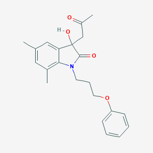 molecular formula C22H25NO4 B368499 3-Hydroxy-5,7-dimethyl-3-(2-oxopropyl)-1-(3-phenoxypropyl)indolin-2-one CAS No. 881079-48-7