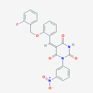 molecular formula C24H16FN3O6 B3685070 (5E)-5-[[2-[(2-fluorophenyl)methoxy]phenyl]methylidene]-1-(3-nitrophenyl)-1,3-diazinane-2,4,6-trione 