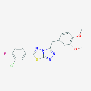 molecular formula C18H14ClFN4O2S B368992 6-(3-Chloro-4-fluorophenyl)-3-(3,4-dimethoxybenzyl)[1,2,4]triazolo[3,4-b][1,3,4]thiadiazole CAS No. 929851-47-8