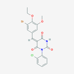 molecular formula C20H16BrClN2O5 B3690632 (5E)-5-[(3-bromo-4-ethoxy-5-methoxyphenyl)methylidene]-1-(2-chlorophenyl)-1,3-diazinane-2,4,6-trione 